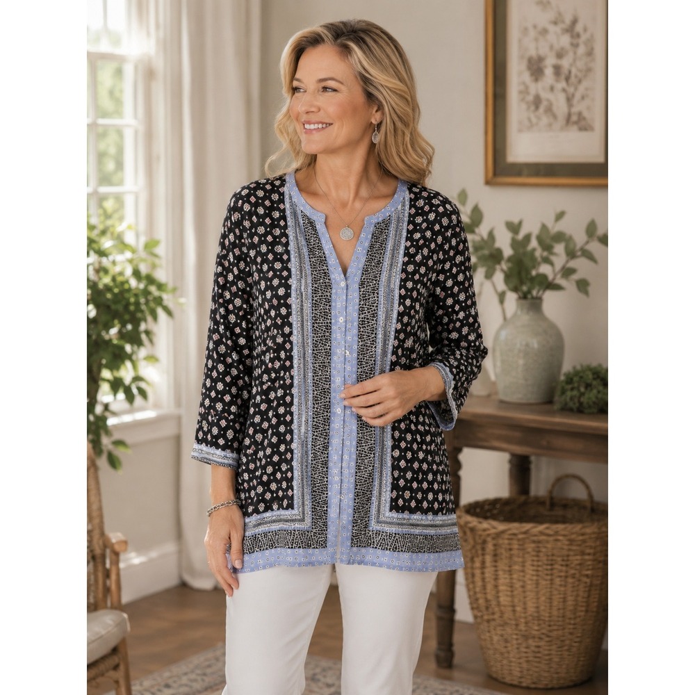 J. Jill Women Black Blue Geometric Floral Coastal Eclectic Lagenlook Tunic Top L